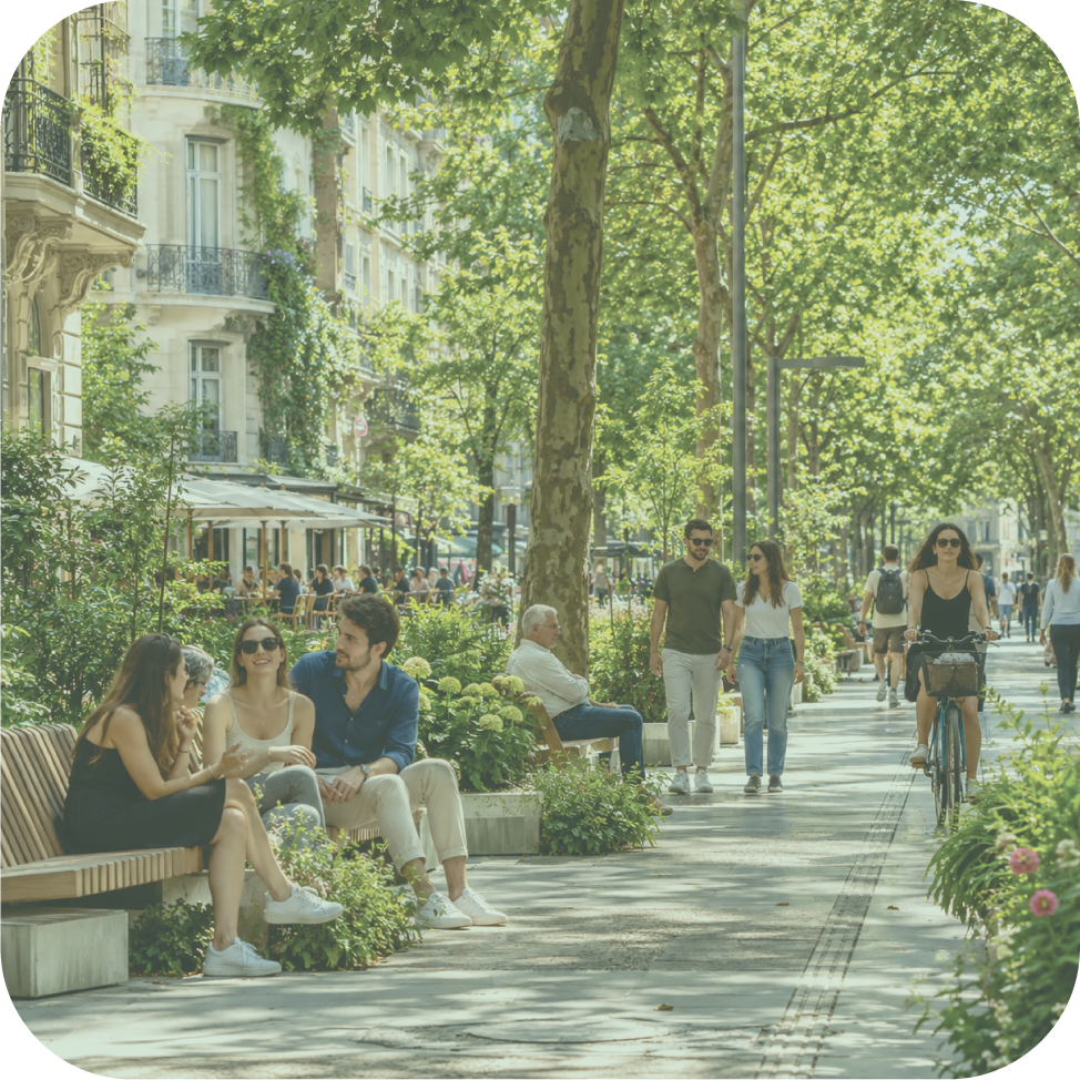 Illustration of residents using a tree-lined neighbourhood street