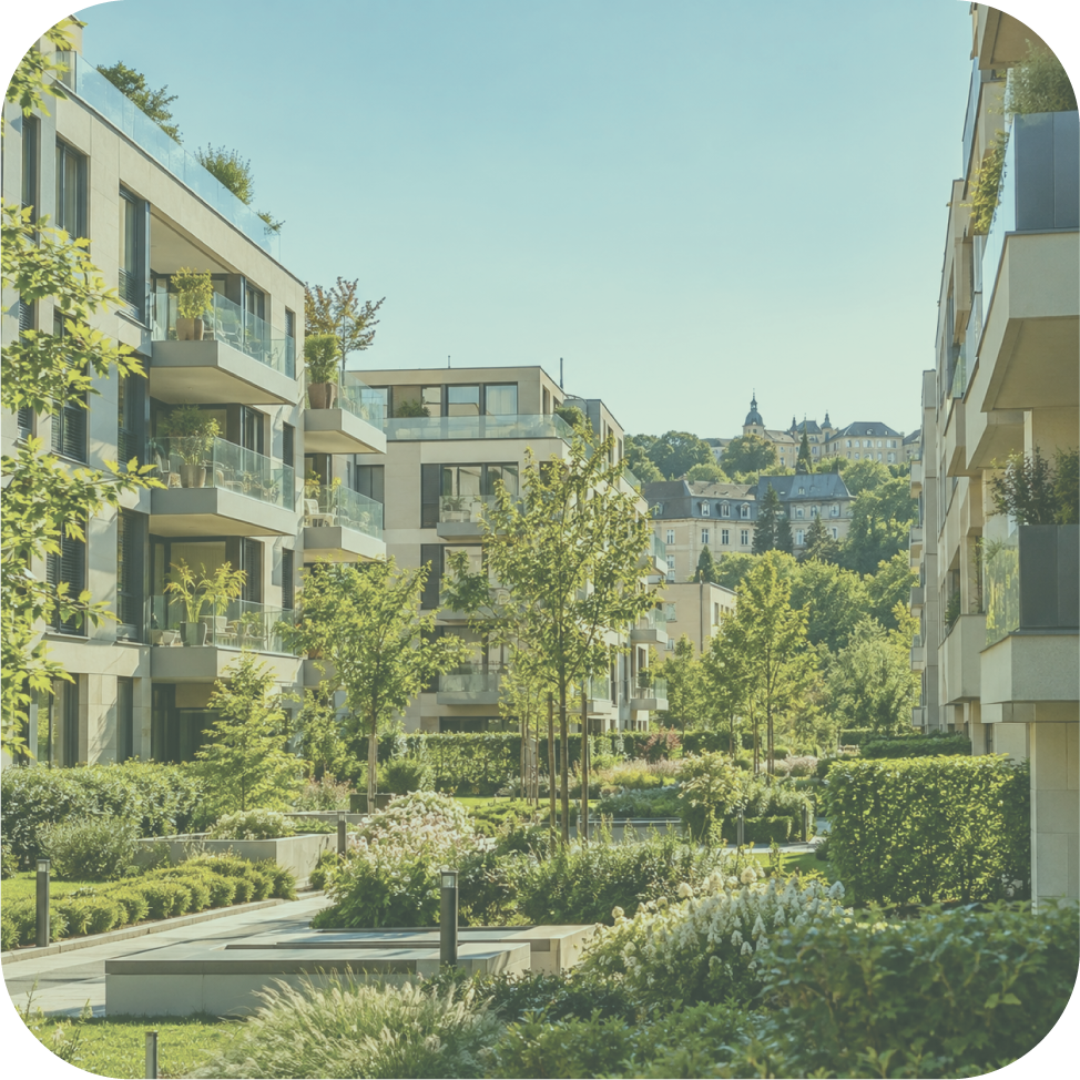 Illustration of apartments overlooking a green residential courtyard